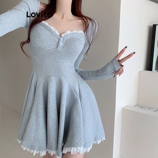 Đầm Lovito phối ren màu trơn thường ngày cho nữ LNA20121 (Màu xám)