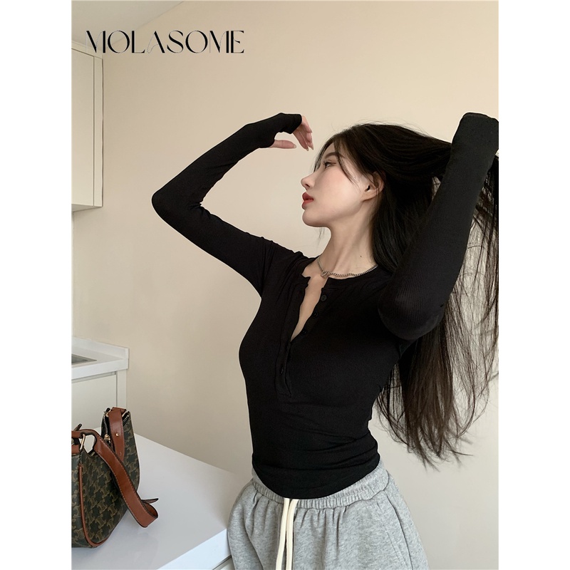 Polaroisome Áo Thun Tay Dài Cổ Chữ v Màu Trơn Ôm Dáng Thời Trang 2023 Cho Nữ