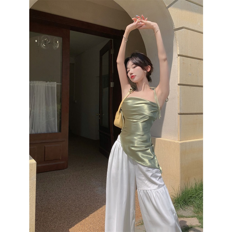 Milyfashion Áo Hai Dây Xếp Ly Ôm Dáng Bằng satin Cao Cấp Phong Cách desire Cho Nữ