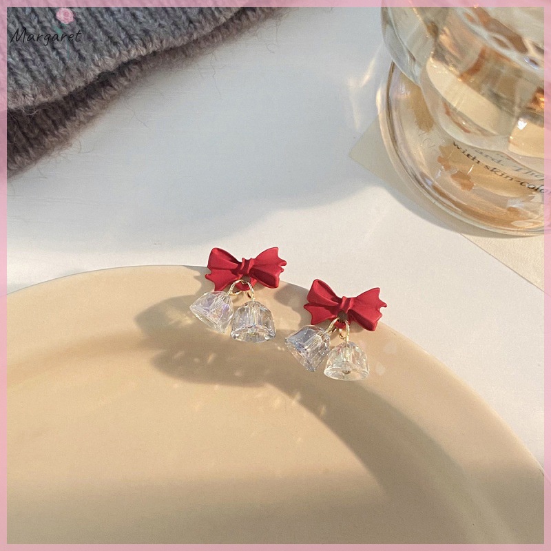 Bông Tai Pha Lê Nơ Đỏ Giáng Sinh Cao Cấp Thời Trang Thu Đông Mới