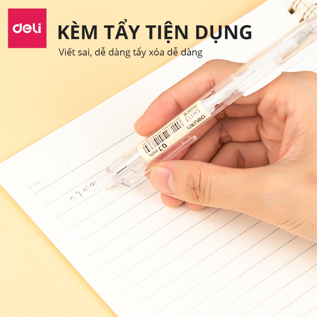 Bút chì kim BẤM THÂN Deli SH113 Ngòi 0.7mm Kèm đầu tẩy Hiện Đại, Trẻ Trung