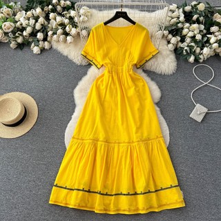 Đầm Midi Tay Ngắn Phồng Cổ Chữ v Xếp Ly Dáng Rộng Phong Cách bohemian Cổ Điển Thời Trang Cho Nữ