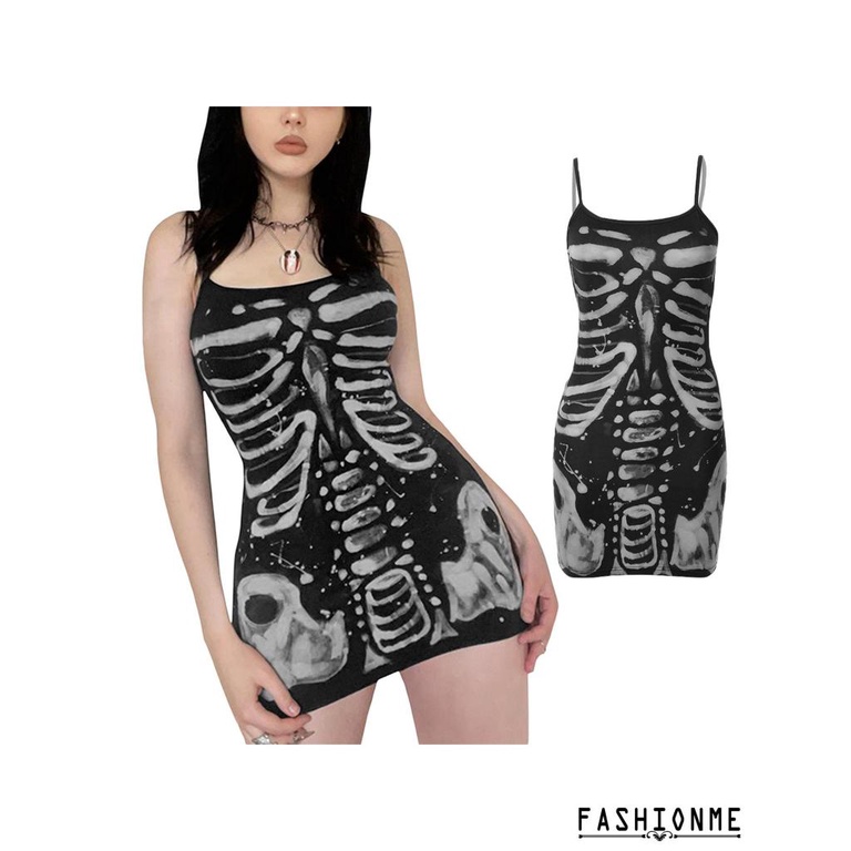 Đầm Body Hai Dây Họa Tiết Xương Người Hóa Trang halloween Cho Nữ