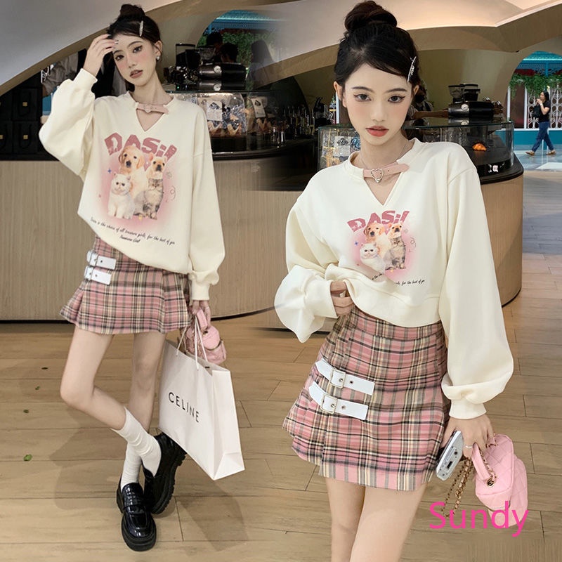 Set Áo Thun Dài Tay + Chân Váy Sọc Ca Rô Thời Trang Dành Cho Nữ