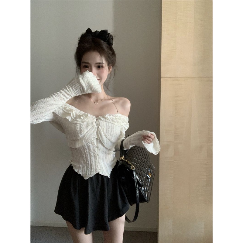 Áo Thun Tay Dài 7lbe Ôm Dáng Hở Vai Phối Dây Xích & Cổ Thời Trang 2023 Cho Nữ