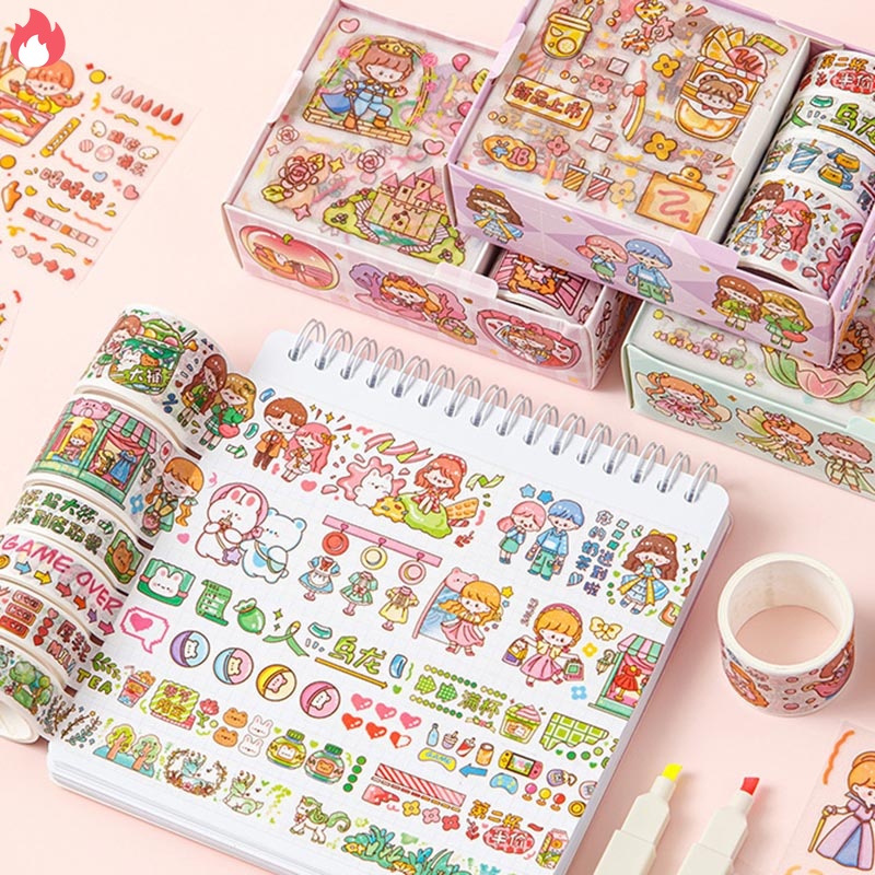 Hộp 8 món băng keo dính Washi tape + sticker dán trang trí sổ lưu niệm DIY hoa tiết hoạt hình cute RYVN