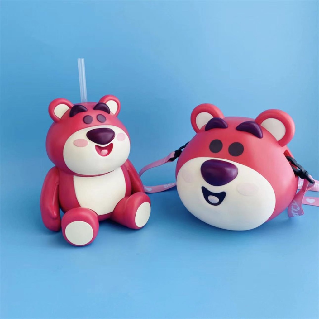 Bình Nước Hình Gấu Dâu Tây Hoạt Hình disney Dễ Thương Có Ống Hút Dưới Dâu Tây