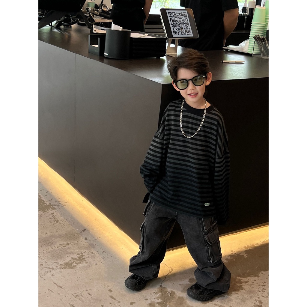 Áo thun dài tay cho bé trai AB784 size 90-140 sọc ngang tông đen xám, thời trang trẻ em thu đông 2023