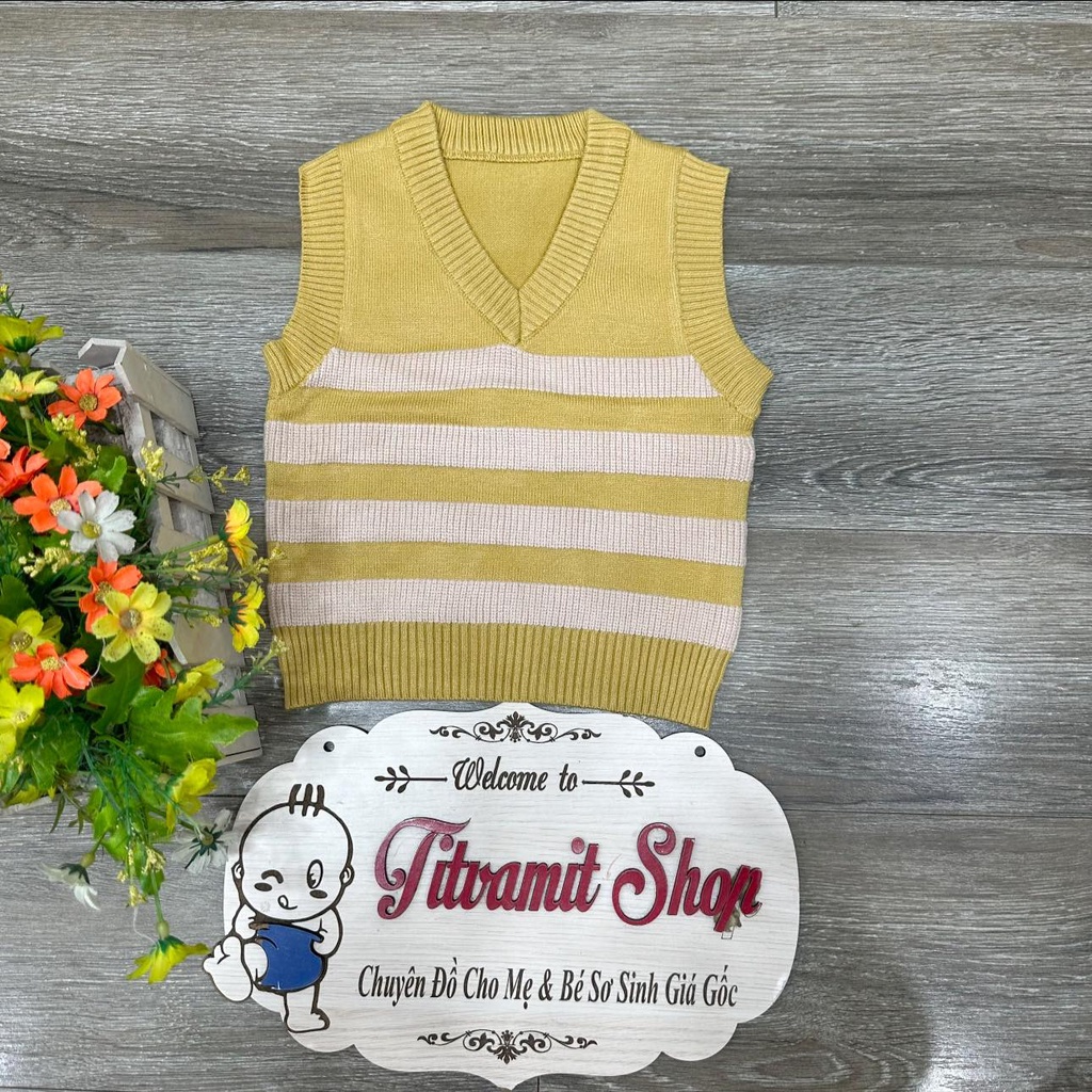 Áo gile len quảng châu cổ tim kẻ cho bé trai bé gái mặc thu đông