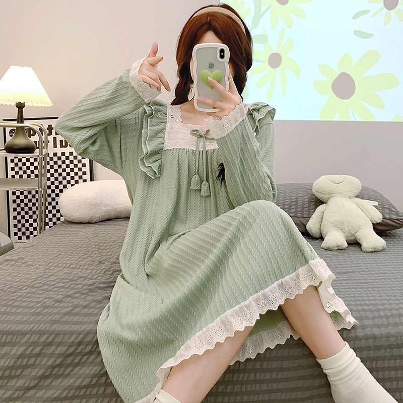 Đầm Ngủ Tay Dài Phối Ren Đơn Giản Phong Cách Công Chúa Hàn Quốc Thời Trang Xuân Thu Hàng Mới Dành Cho Bạn Nữ HXVN1015