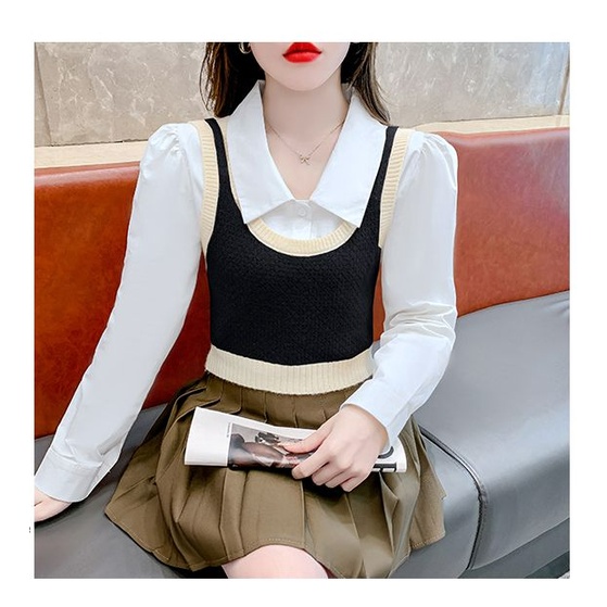 Bộ Áo Sơ Mi Tay Dài + Áo vest Dệt Kim Dáng Ngắn Màu Sắc Tương Phản Thời Trang Mùa Thu 2023