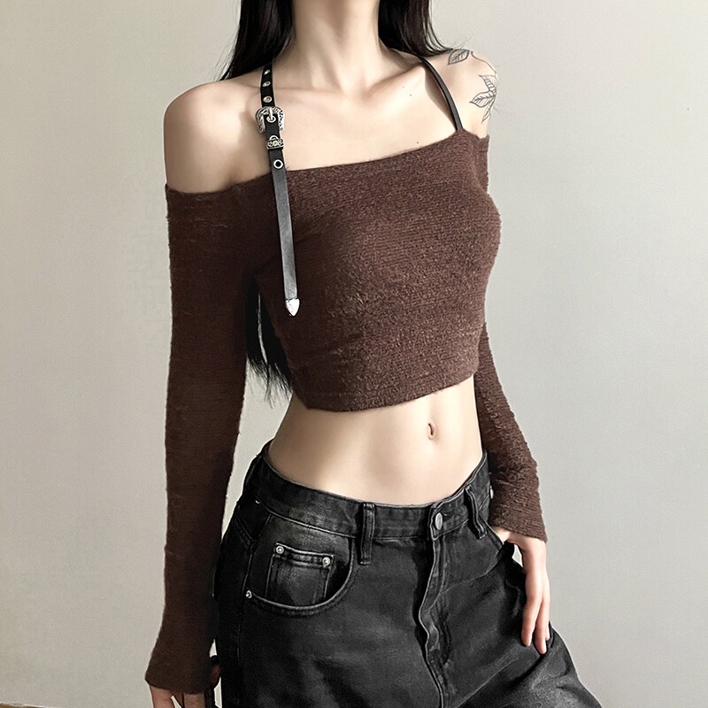 Weird Puss Áo Croptop Dệt Kim Dài Tay Trễ Vai Thời Trang Quyến Rũ Dành Cho Nữ