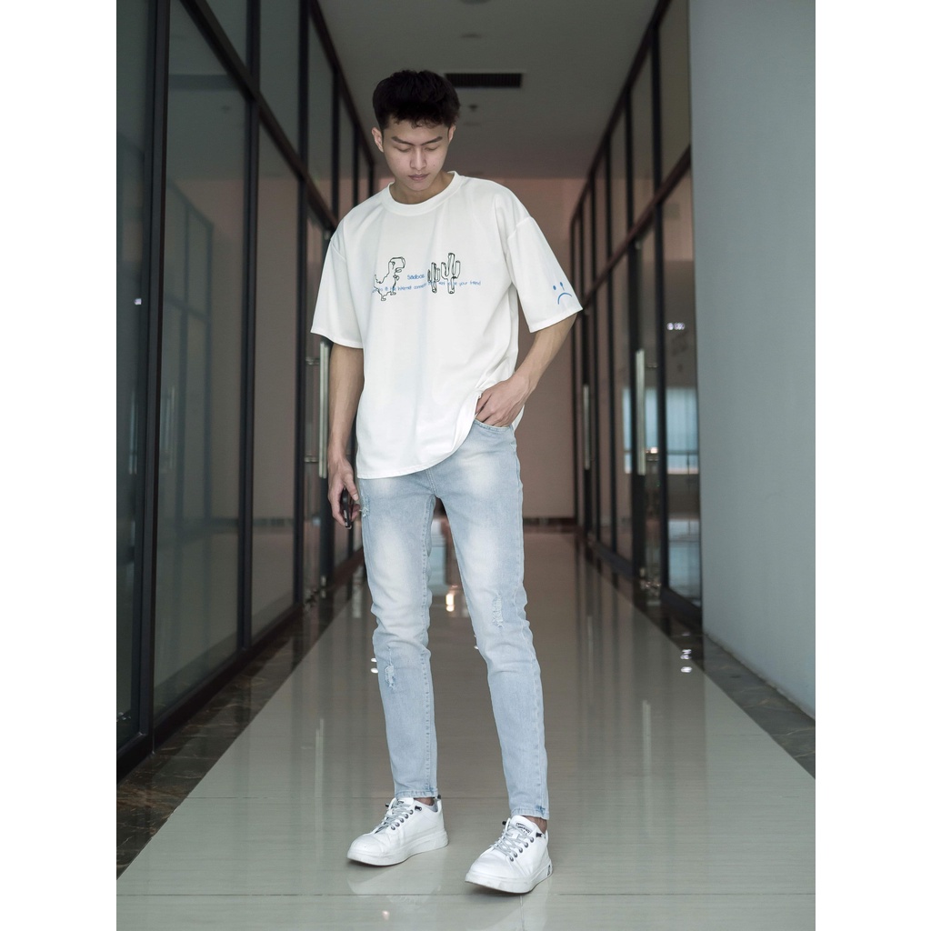 Quần jean nam xước mài màu xanh ghi nhạt co giãn 4 chiều cao cấp chất bò denim dáng ôm slimfit skinny 0001 Pon.mens