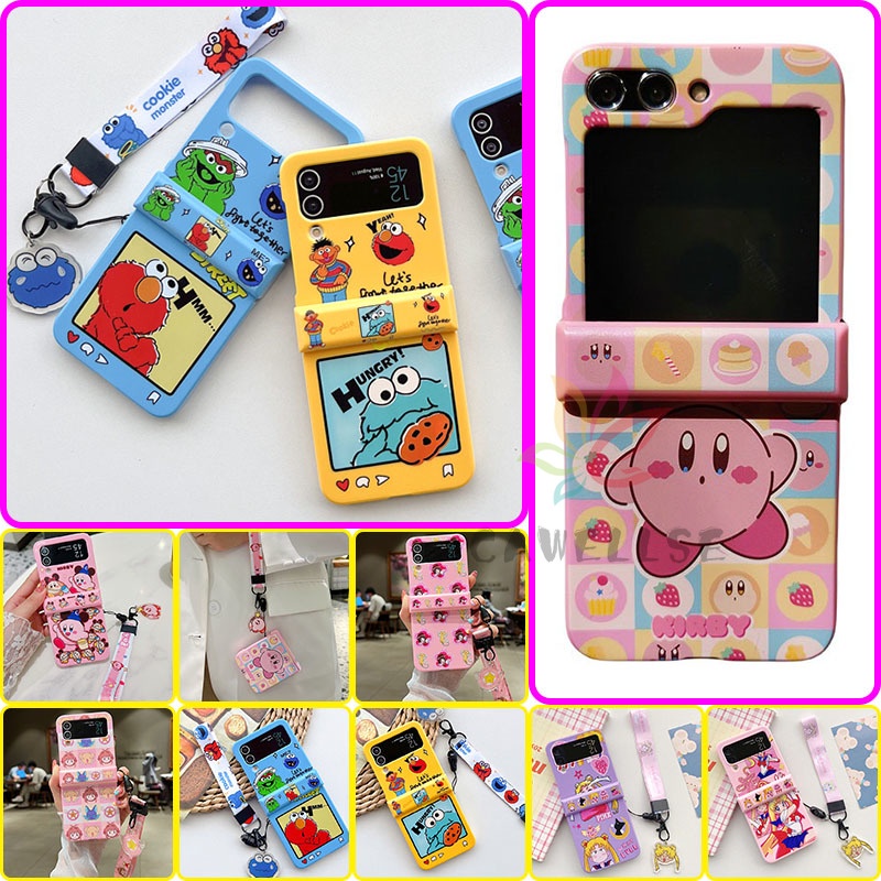 Vỏ bảo vệ bản lề màu kẹo Samsung Galaxy Z Flip 6 Z Flip 5 4 Catoon Case có dây đeo cổ tay Vỏ PC cứng có dây buộc