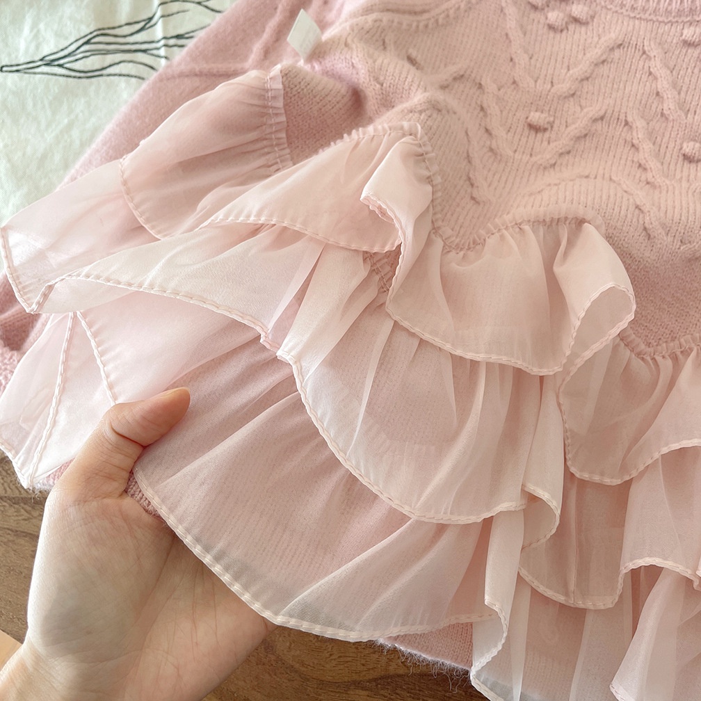 Áo sweater Dệt Kim Dày Dặn Phối Ren Kiểu Công Chúa Dễ Thương Thời Trang Thu Đông Cho Bé Gái