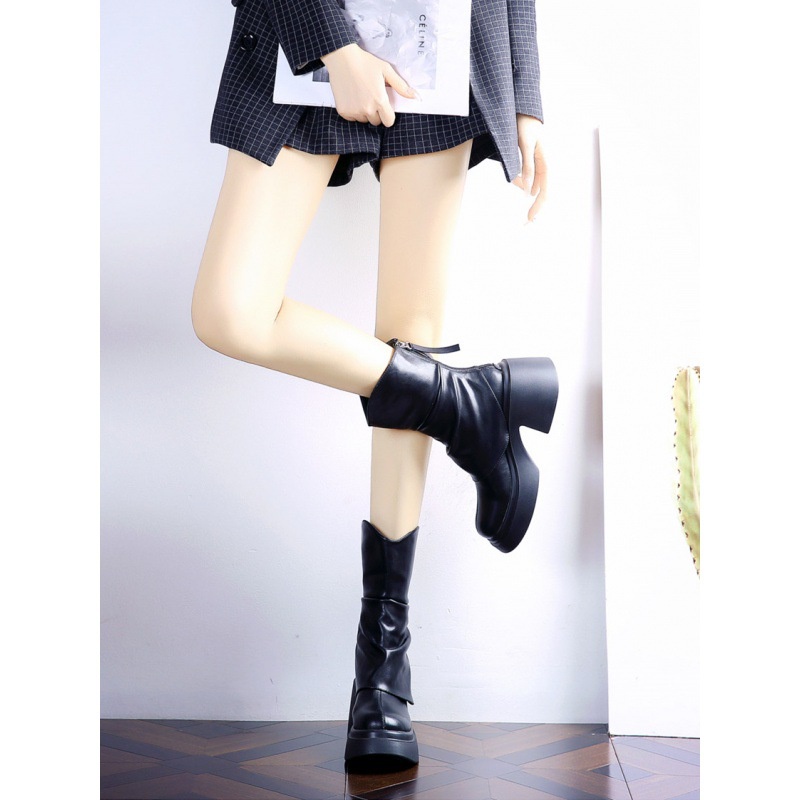 Giày Bốt Cao Gót Mũi Tròn Đế Dày Chống Thấm Nước Thời Trang Thu Đông 2023 Phong Cách Hàn Quốc