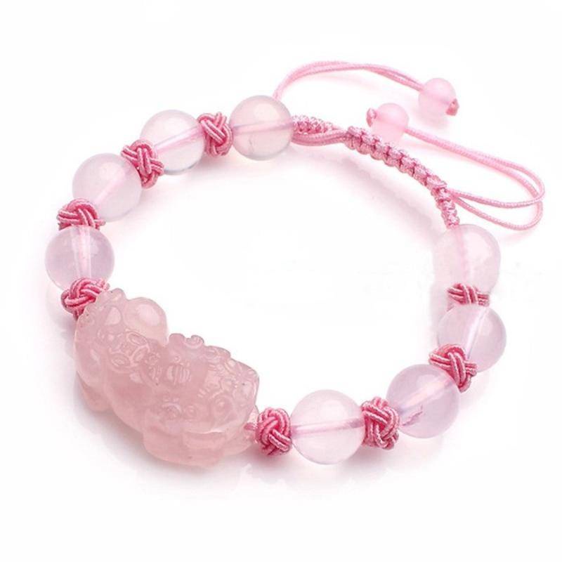 Vòng Tay Dây Bện Mặt Đồng Xu Nhỏ Màu Hồng Hạt pixiu Tự Nhiên Thắt Nút pixiu Chính Hãng Cho Nữ