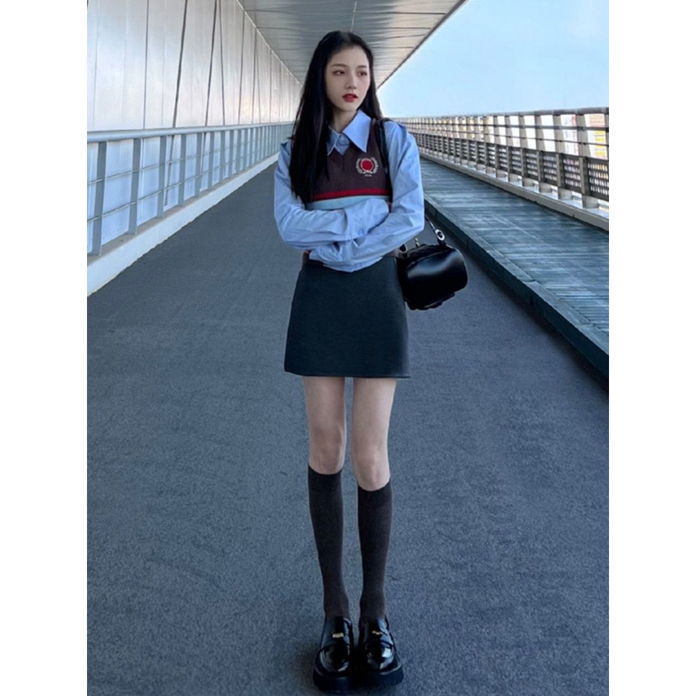 Bộ Áo Thun polo Dệt Kim + Chân Váy Ngắn Lưng Cao Họa Tiết Kẻ Sọc Phong Cách retro Mỹ Cho Nữ