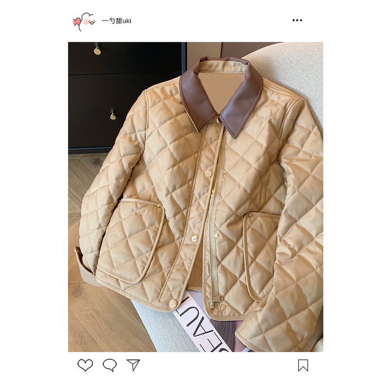 Áo Khoác Kaki Da Chắp Vải cotton Dáng Rộng Chắp Vá Đính Kim Cương Kiểu retro Thời Trang Thu Đông 2023