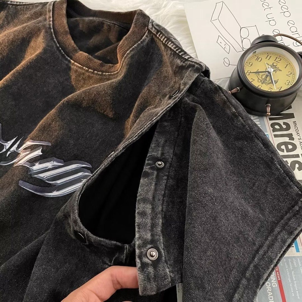 Áo Thun cotton Dáng Rộng Unisex Tháo Rời Được Kiểu Mỹ Cá Tính zyq172