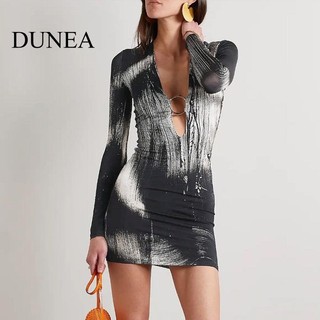 DUNEA Đầm mini Tay Dài Cổ Chữ v Thiết Kế Mới Cho Nữ