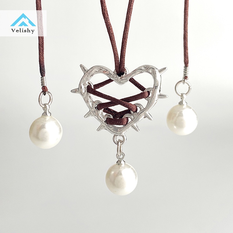 Velishy Vòng cổ Mặt Trái Tim Đính Ngọc Trai Và Ruy Băng Thời Trang Cho Nữ