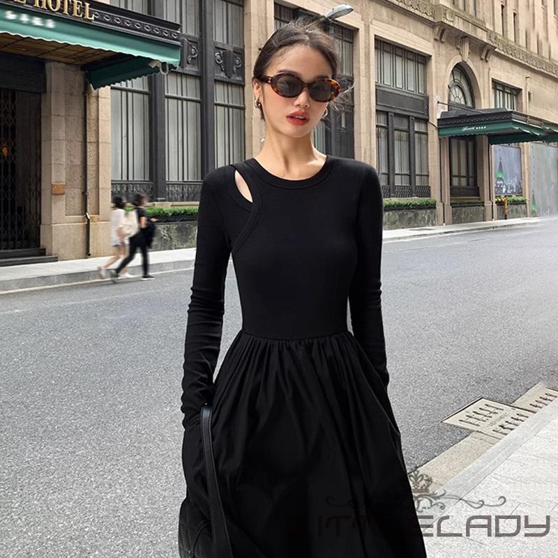 Đầm Dệt Kim Chữ a Tay Dài Khoét Lỗ Có Túi Cho Nữ