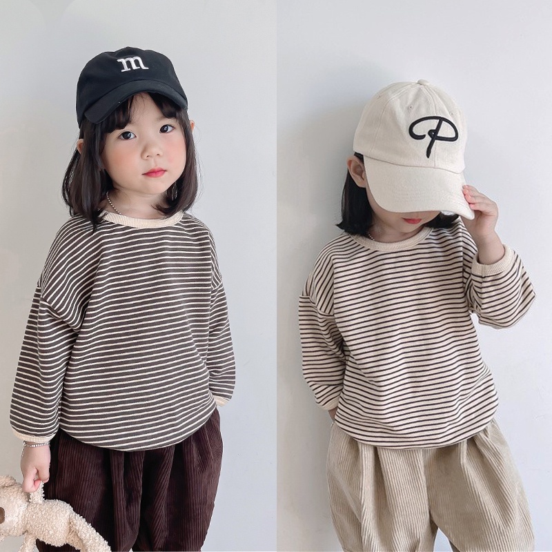 SUPER KIDS Áo Thun Dài Tay Dáng Rộng Họa Tiết Kẻ Sọc Phong Cách Hàn Quốc Cho Bé Trai