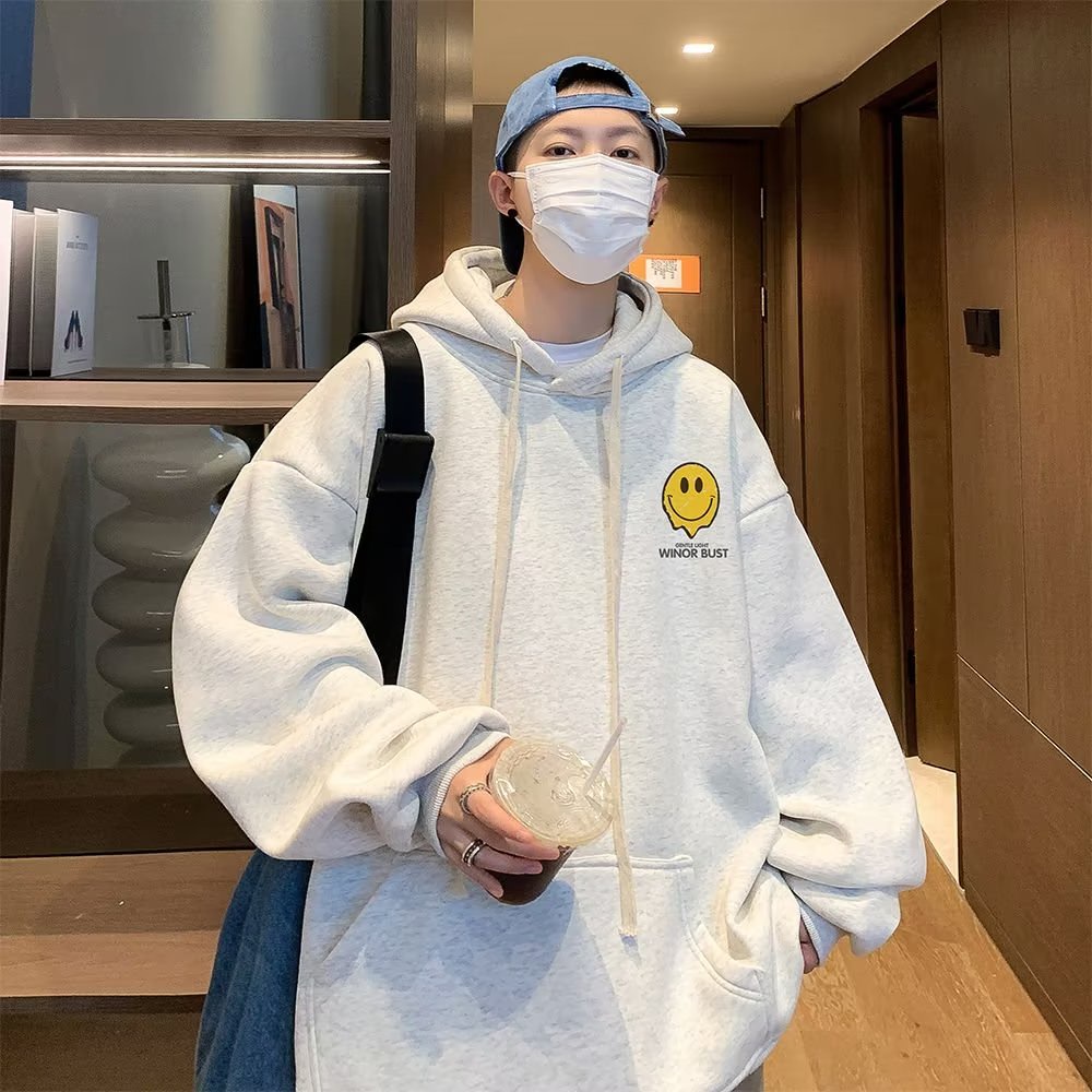 Áo hoodie Thu Đông Dáng Suông Phủ Lông Phong Cách hong kong Mới Cho Nam Cỡ m-5xl