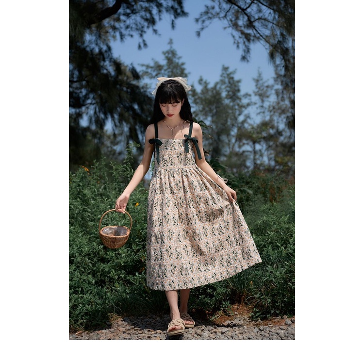 Đầm Hai Dây Cổ Vuông Họa Tiết Hoa Cúc Phong Cách Nhật Bản Thời Trang Mùa Hè Xinh Xắn Cho Nữ