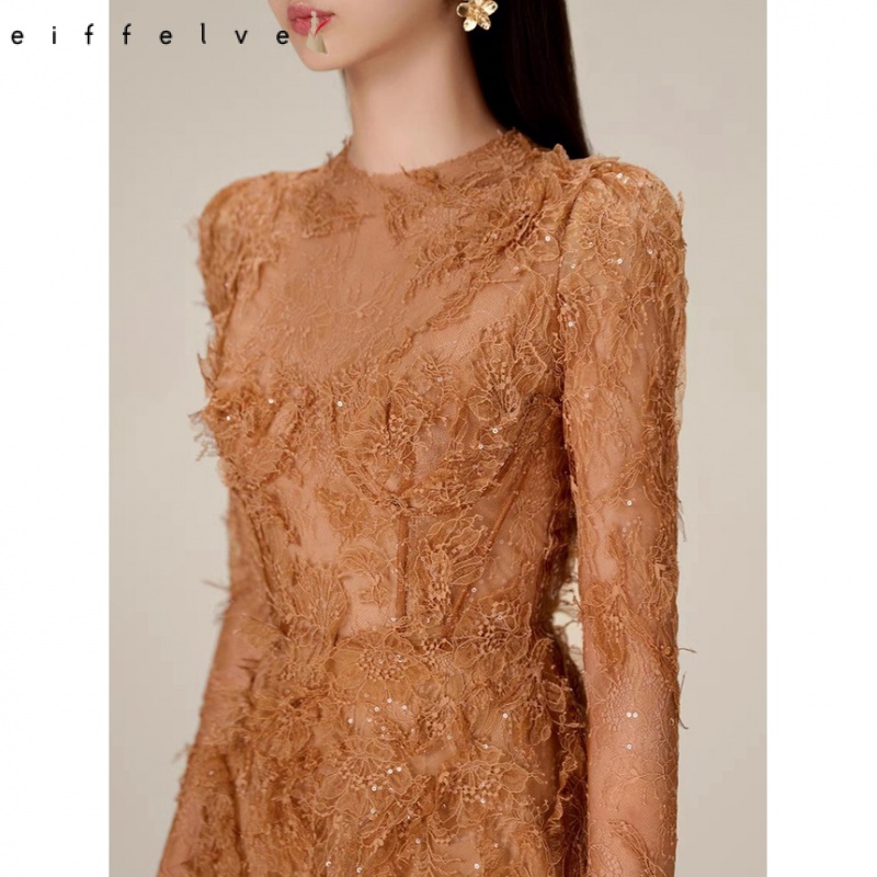 DĐầm tay dài phối ren ôm eo phong cách vintage thời trang cho nữ