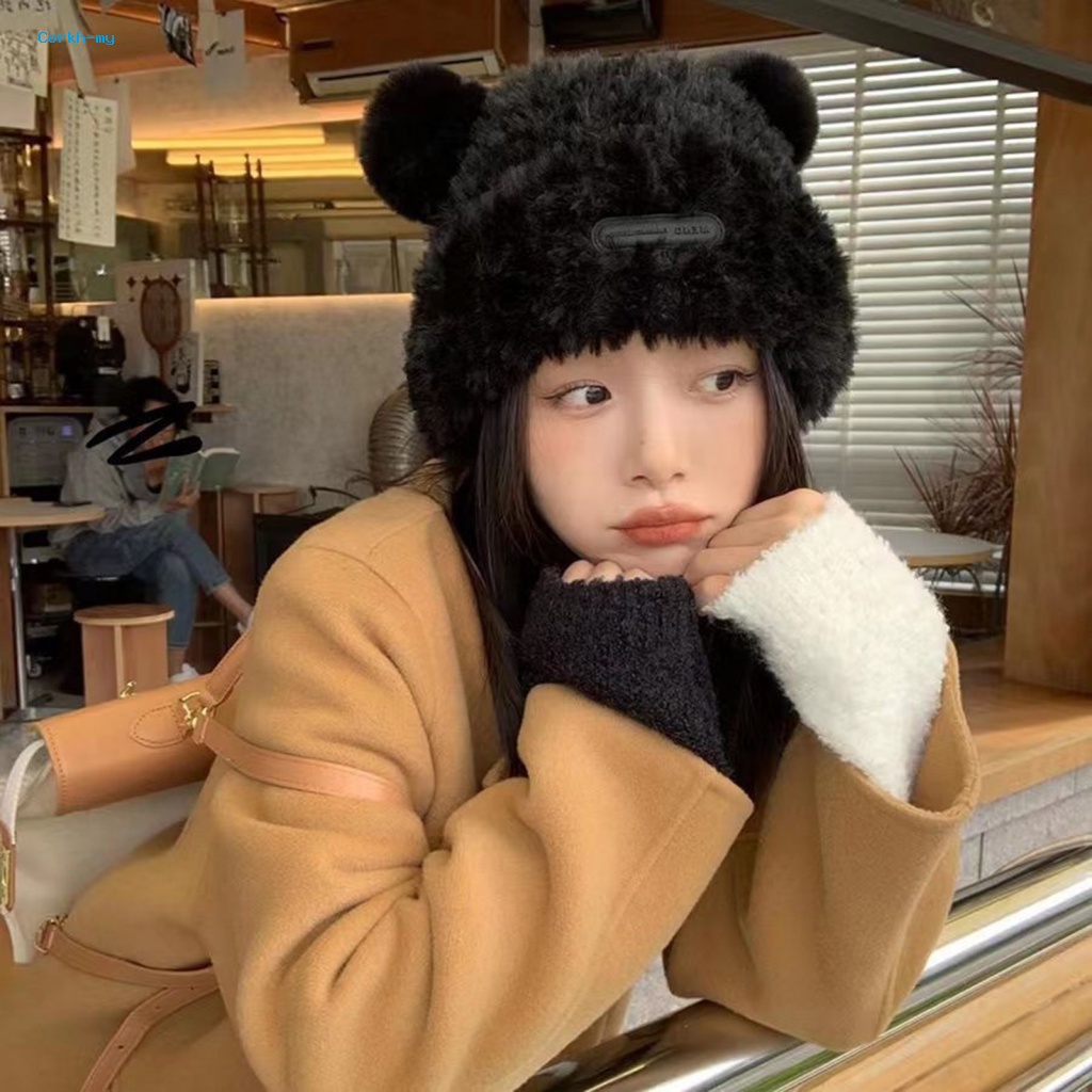 Mũ beanie Màu Trơn Đính Tai Gấu Hoạt Hình Bằng Vải Bông Mềm Mại Ấm Áp Thời Trang Mùa Đông Cho Nữ