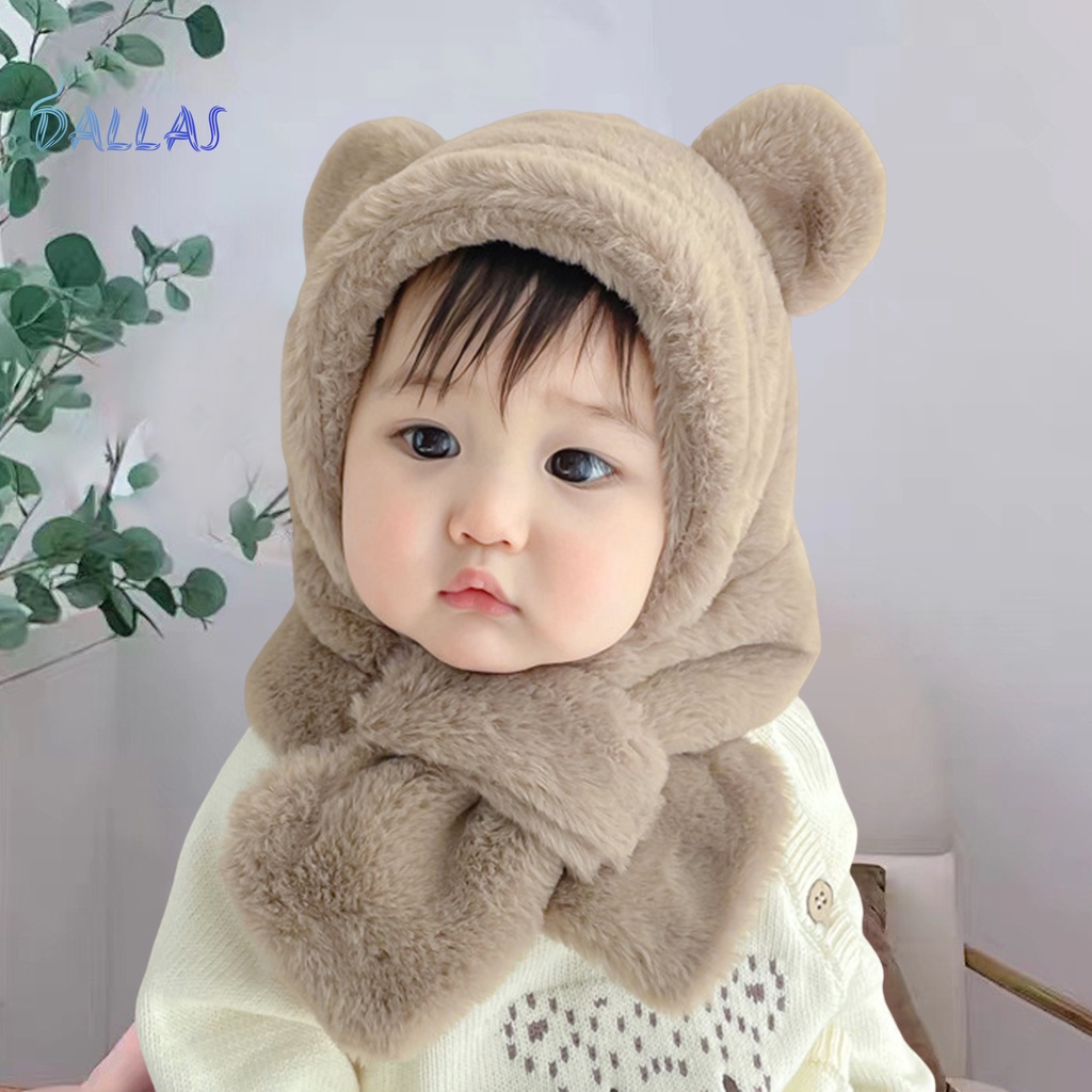 Mũ Len Mềm Dày Dặn Màu Trơn Kèm Khăn Choàng Chống Lạnh Thời Trang Mùa Đông Cho Bé