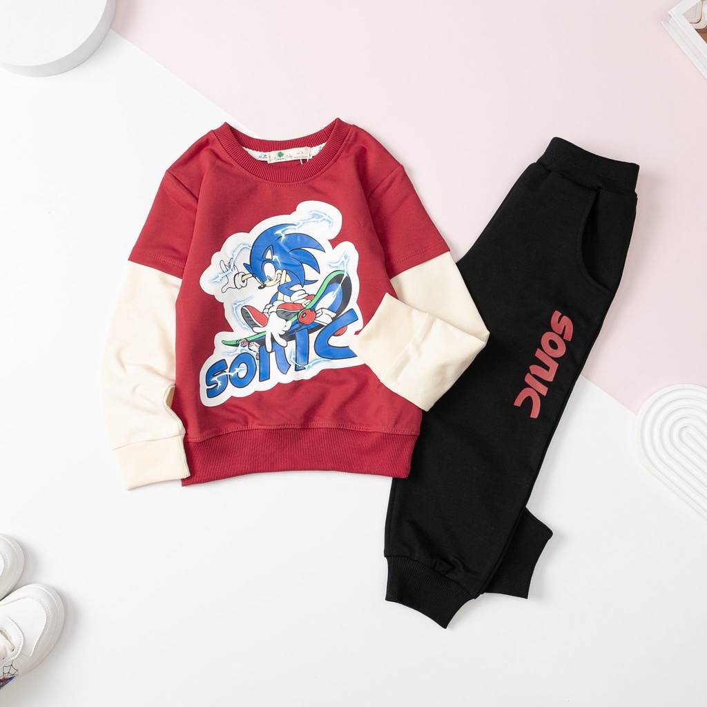 Bộ nỉ da cá LITIBABY tay nối in chữ Sonic cho bé 13kg - 30kg
