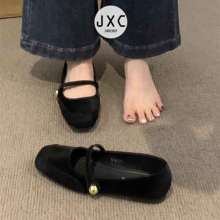 JINxCHOY     Giày Búp Bê Da Lộn Mũi Vuông Đế Thấp Thời Trang retro Cho Nữ