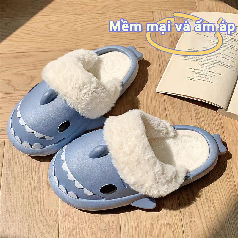 Dép bông đi trong nhà cute ấm áp và không thấm nước họa tiết cá mập dễ thương - 4 màu có sẵn