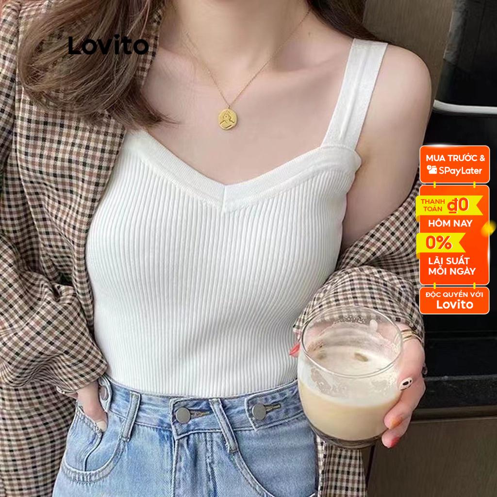 Áo dệt kim Lovito sọc dọc không tay cổ chữ V họa tiết đơn giản cho nữ LNL01027 (màu trắng)