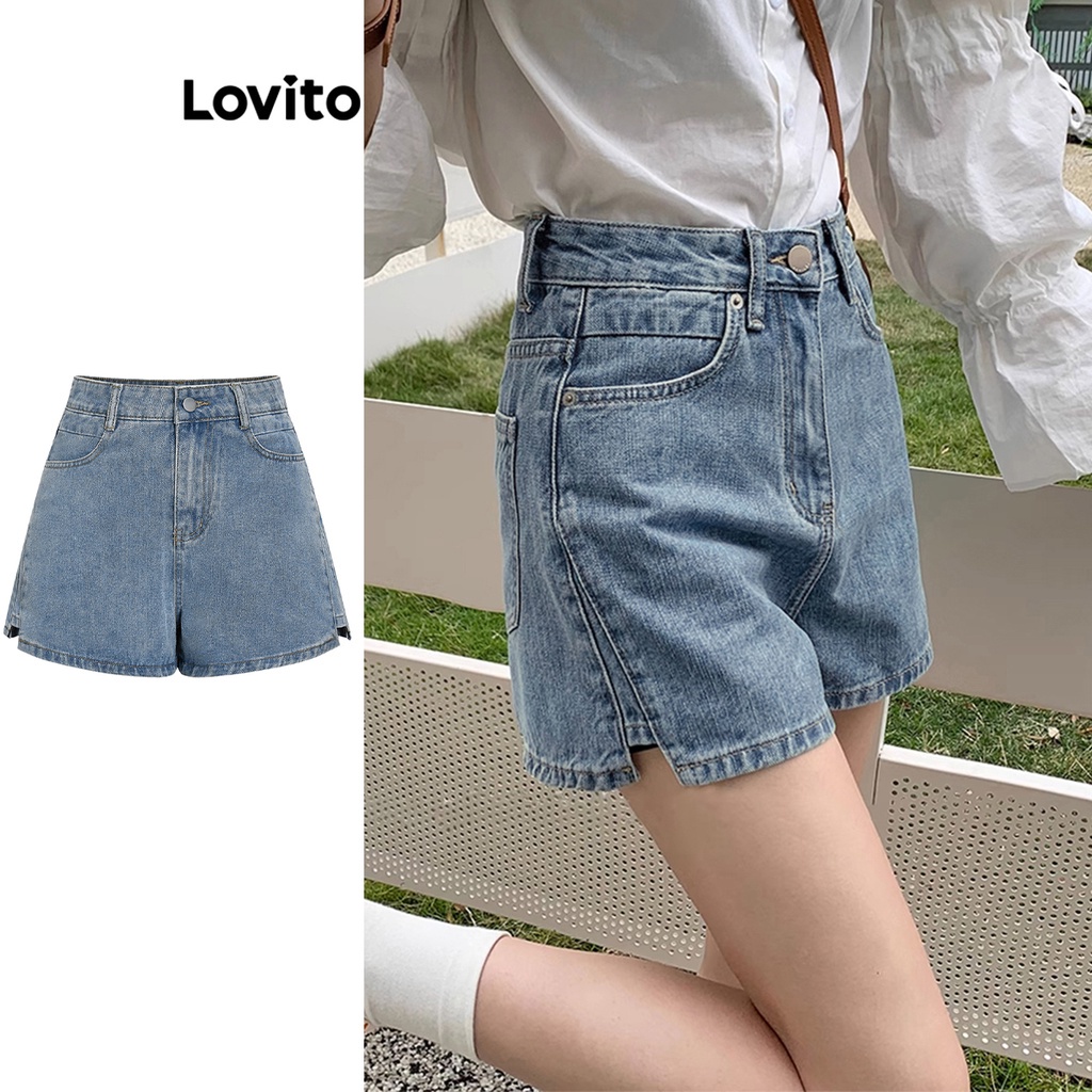 Lovito Quần short denim có túi trơn đơn giản cho nữ L68ED114 (Màu xanh da trời)