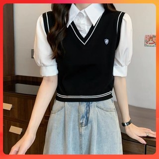  Áo len nữ QC Montoghi cổ sơ mi GILE 2 LỚP tay ngắn