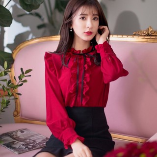 Áo Sơ Mi chiffon Tay Dài Cổ Đứng Viền Bèo Cỡ Lớn Phong Cách Phương Tây Cho Nữ