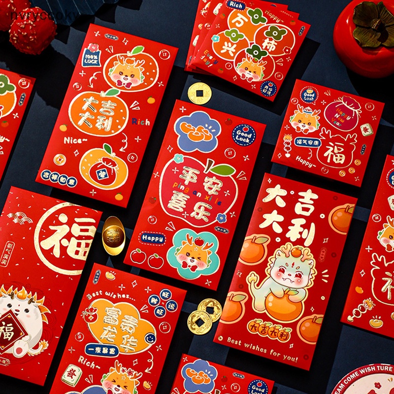 Set 6 Bao Lì Xì Hình Rồng Đỏ May Mắn Cho Năm Mới 2024