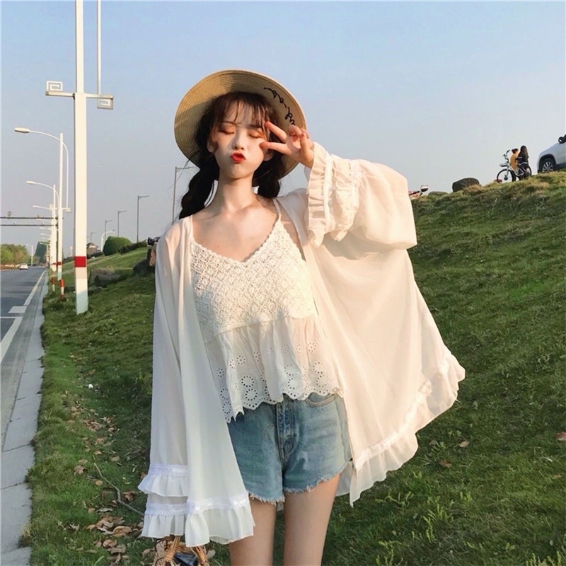 Áo 2s babydoll len móc phối vải boi thoáng mát, áo 2 dây nữ mùa hè đi biển hàng QC