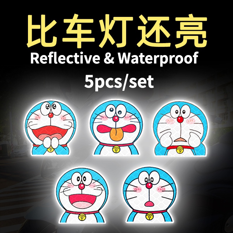 Bộ 5 Miếng Dán Phản Quang Họa Tiết Hoạt Hình Doremon Dễ Thương Trang Trí Xe Hơi / Mũ Bảo Hiểm