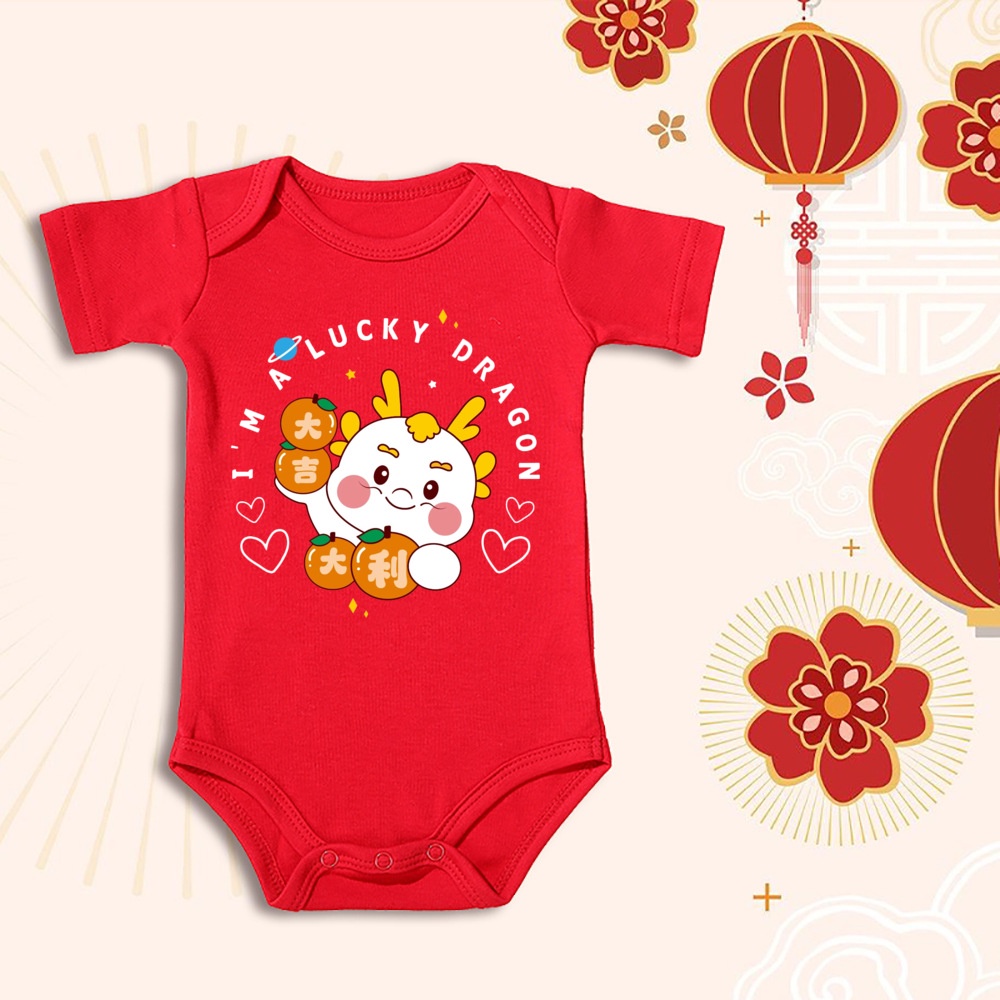 Áo Liền Quần Ngủ Tay Ngắn Cổ Tròn Bằng Vải cotton In Hình Rồng Năm Mới 2024 Cho Bé Sơ Sinh