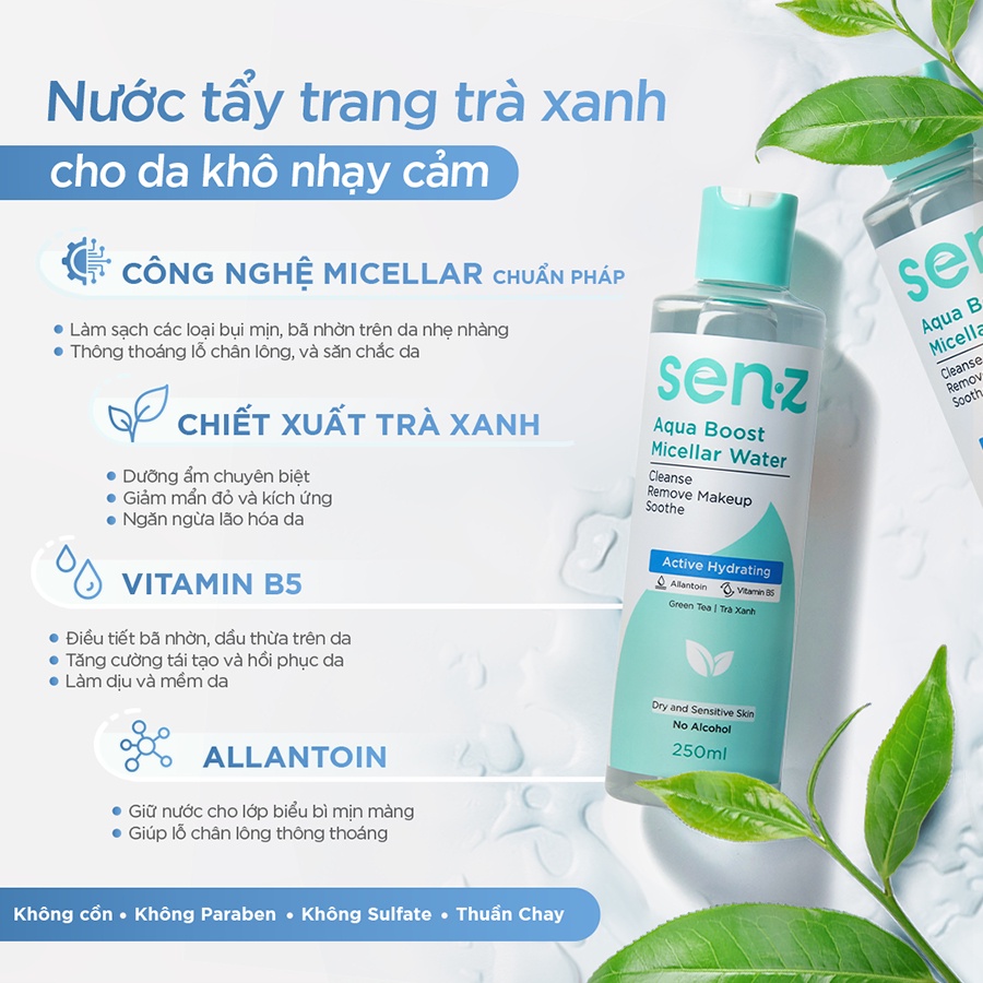 Nước Tẩy Trang Senz Micellar Water làm sạch da dịu nhẹ 250ml