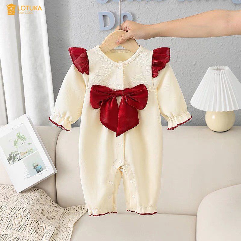 Body Yếm Tiểu Thư Đính Nơ Lót Lông Nhung Ấm Áp Cho Bé, Bodysuit LOTUKA Cho Bé Gái, Quần Áo Trẻ Em Size 3-12kg