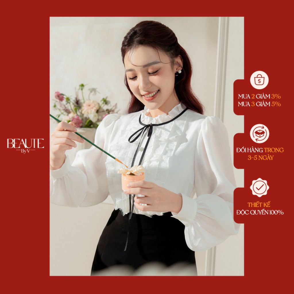 BEAUTEBYV - Áo sơmi nữ voan phối ren cách điệu Lamlee
