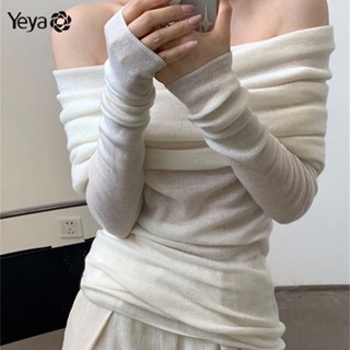Áo sweater Dệt Kim Trễ Vai Dáng Ôm Tay Dài Màu Trơn Kiểu Pháp Xinh Xắn Cho Bạn Gái