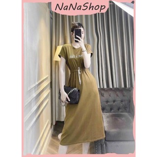 Đầm Nữ Thun Gân Rút Dây Eo Họa Tiết Cổ Tròn In Chữ Với 2 Tone Màu Nhẹ Nhàng, Thanh Lịch