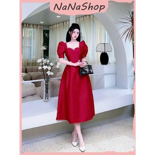 Đầm xòe tafta đính nơ đá phụ kiện eo xinh, Đầm tafta dáng dài cổ vuông tùng xòe ba màu đen, trắng, đỏ